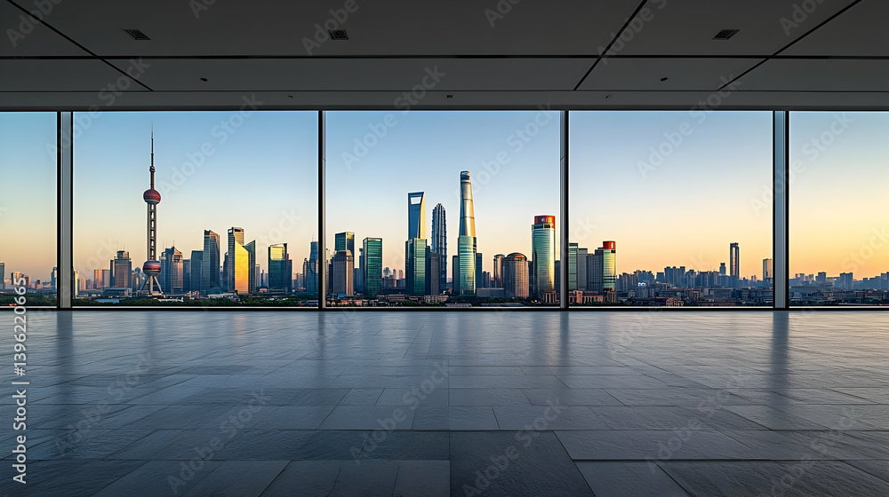 Obraz premium Empty Room With Cityscape View At Sunset