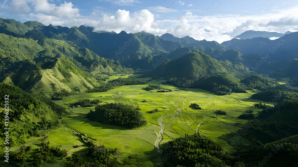 Fototapeta premium Aerial View Of Lush Green Valley Between Mountains