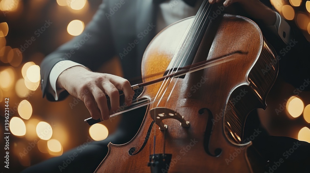 Fototapeta premium Cellist Performing with Elegance CloseUp of a Musician Playing the Cello Against a Bokeh Back