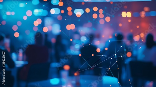 Abstract representation of a conference or networking event with blurry figures in the foreground and colorful lights and connections in the background