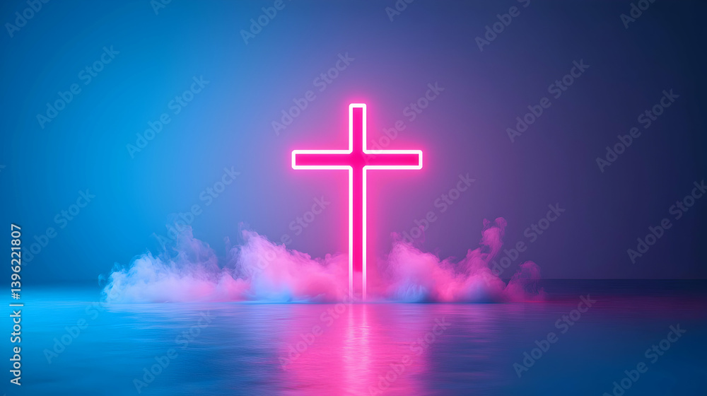 Glowing Pink Neon Cross in Blue Foggy Setting Glowing Pink Neon Cross in Blue Foggy Setting