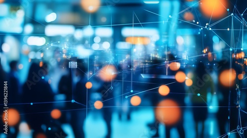 Abstract representation of urban life with a focus on technology, blurring figures of people in a bustling city environment alongside glowing data points and patterns