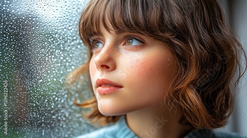 Teenage girl gazing through rain-streaked window