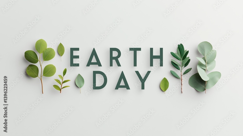 Celebrate Earth Day with vibrant green leaves and letters showcasing environmental awareness and sustainability in a clean, modern design.