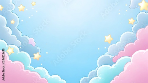 Cartoon sky background with fluffy clouds in pastel colors and glowing stars illustration