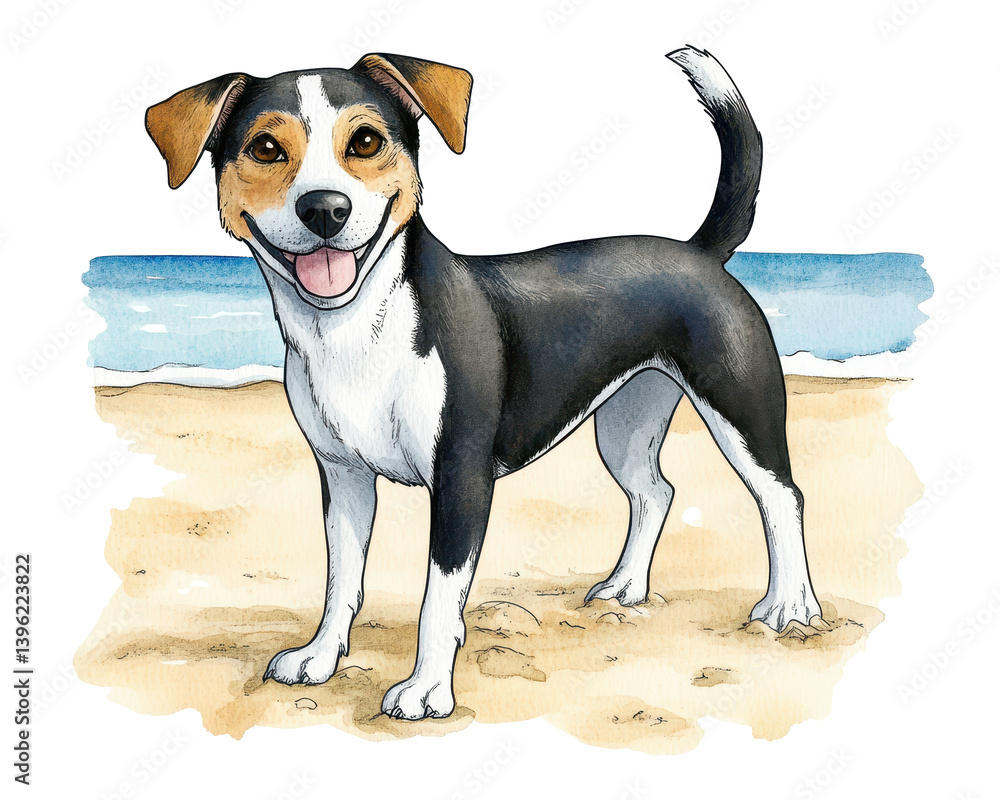 Playful dog enjoying a sunny day at the beach with gentle waves and soft sand in the background Playful dog enjoying a sunny day at the beach with gentle waves and soft sand in the background