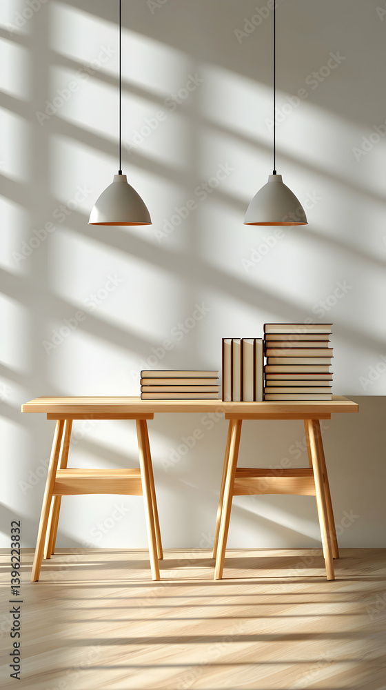 Minimalist Home Office Workspace with Wooden Desk and Stack of Books Minimalist Home Office Workspace with Wooden Desk and Stack of Books