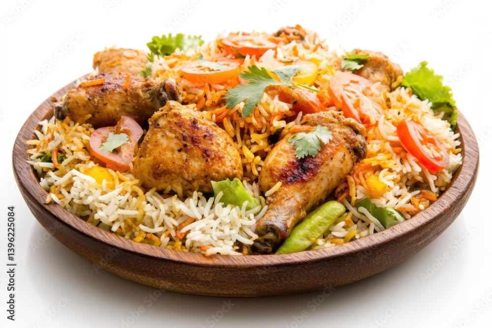 Chicken biryani dish with rice and vegetables on wooden plate Chicken biryani dish with rice and vegetables on wooden plate