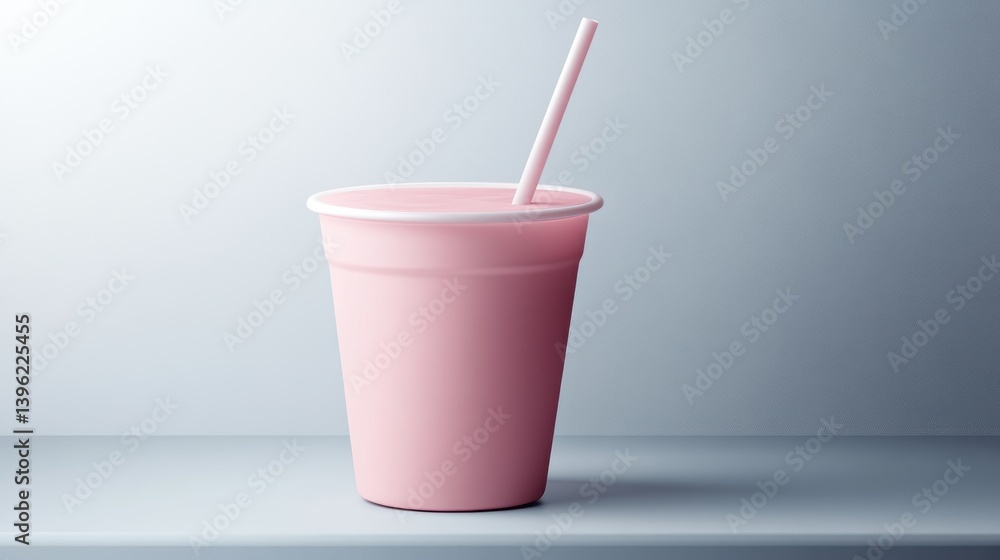 Pink Disposable Cup with Straw on Minimalist Background Ideal for Beverage Party and Event Pink Disposable Cup with Straw on Minimalist Background Ideal for Beverage Party and Event