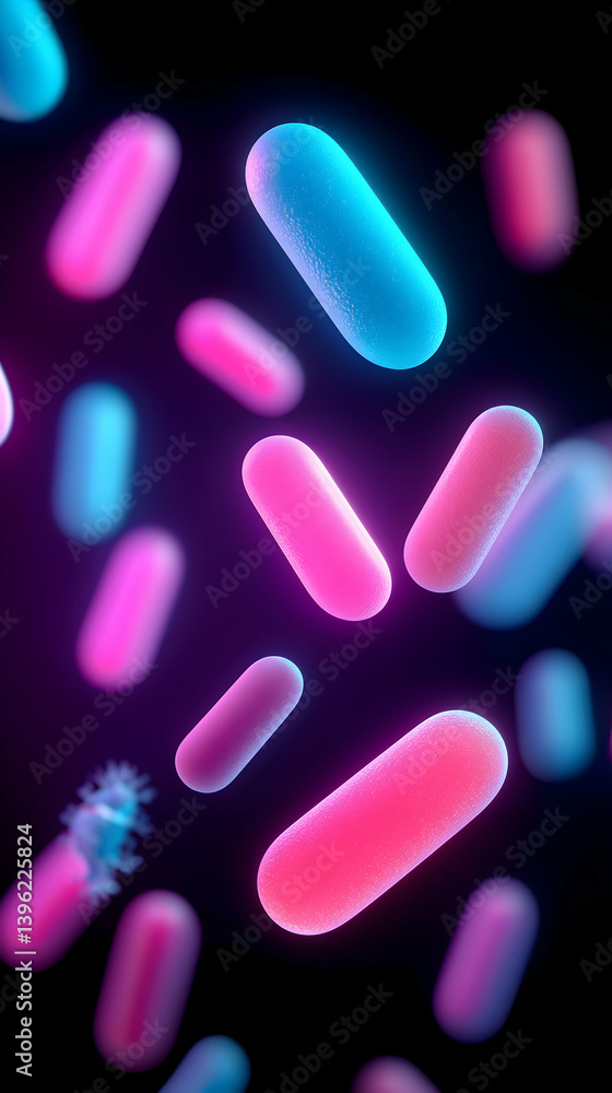 Pink and Blue Glowing Bacteria in Dark Background Pink and Blue Glowing Bacteria in Dark Background