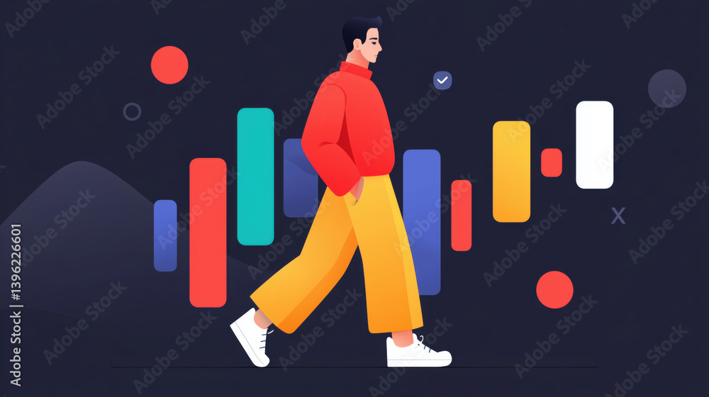 Colorful digital illustration of a person walking in a modern abstract style with vibrant geometric shapes.