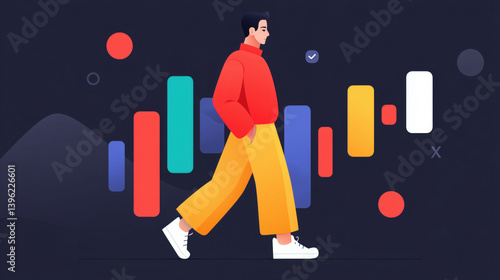 Obraz na płótnie Colorful digital illustration of a person walking in a modern abstract style with vibrant geometric shapes. w salonie