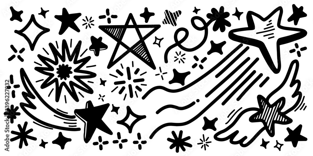 Fototapeta premium Set of hand drawn stars. Doodle star illustrations. EPS 10.