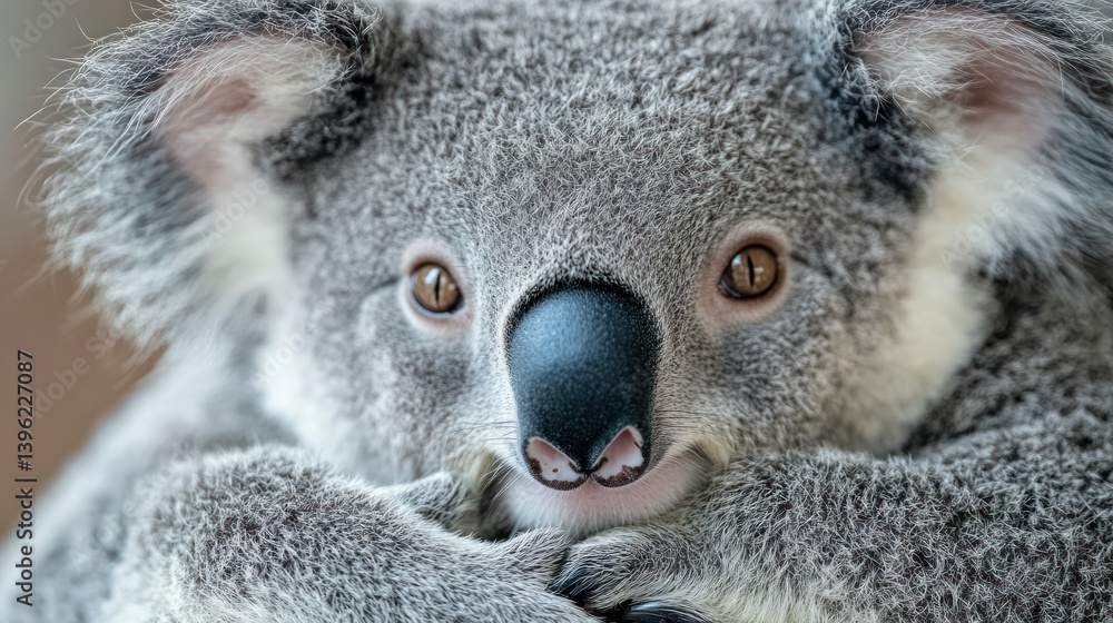 Naklejka premium Close-up of a serene koala. A close-up view of a koala's face and paws. The animal's fur is a light gray, and its eyes are a warm brown. Its nose is black, and its expression is calm