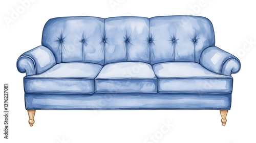 Elegant watercolor illustration of a stylish blue couch with a plush tufted velvet design set against a soft background
