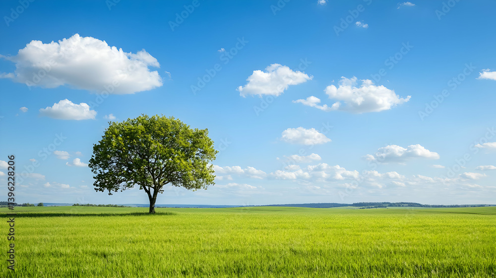 Obraz premium Lonely Tree In Lush Green Field Under Sunny Blue Sky