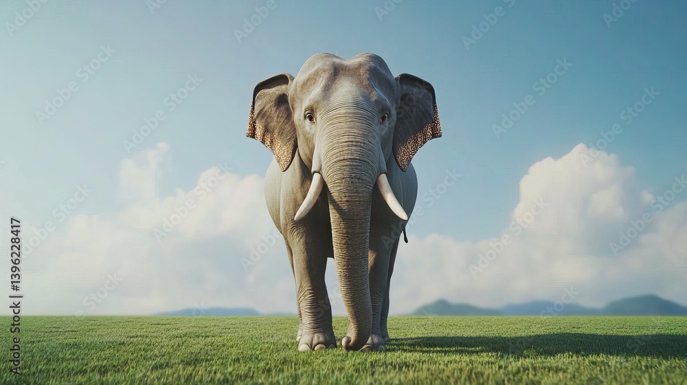 Fototapeta premium A majestic elephant stands tall in a lush green field under a bright blue sky with fluffy white clouds