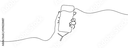 Continuous line, hand holding a smartphone line art vector illustration background editable stroke.