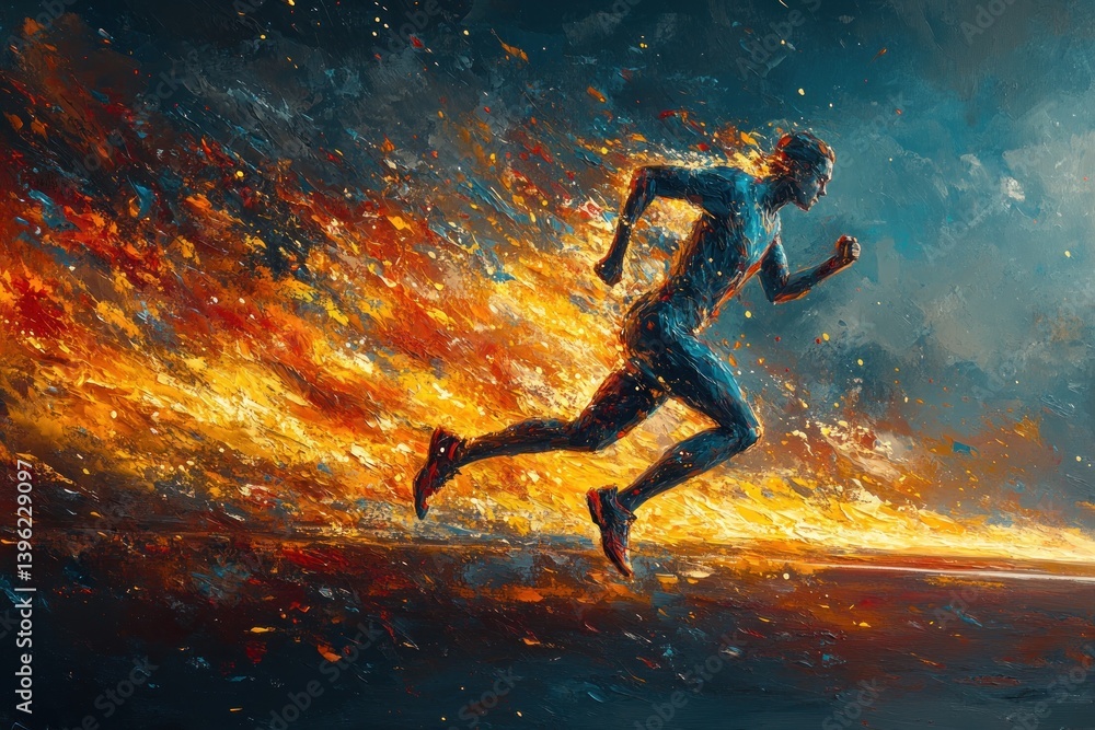 Fototapeta premium Runner on Track with Water and Fire Effects