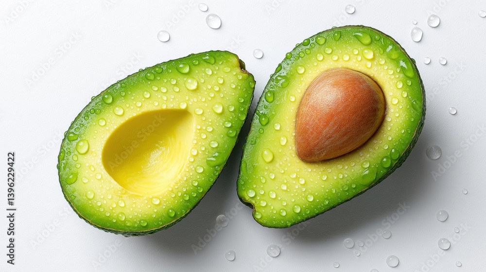 Freshly cut avocado halves glistening with droplets on a white background.