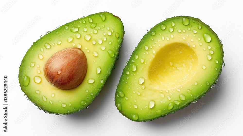 Freshly cut avocado halves glistening with droplets on a white background.