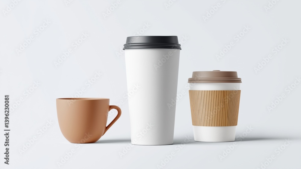 Various coffee cups displayed on a simple background highlighting different designs and sizes.