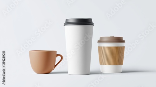 Various coffee cups displayed on a simple background highlighting different designs and sizes.