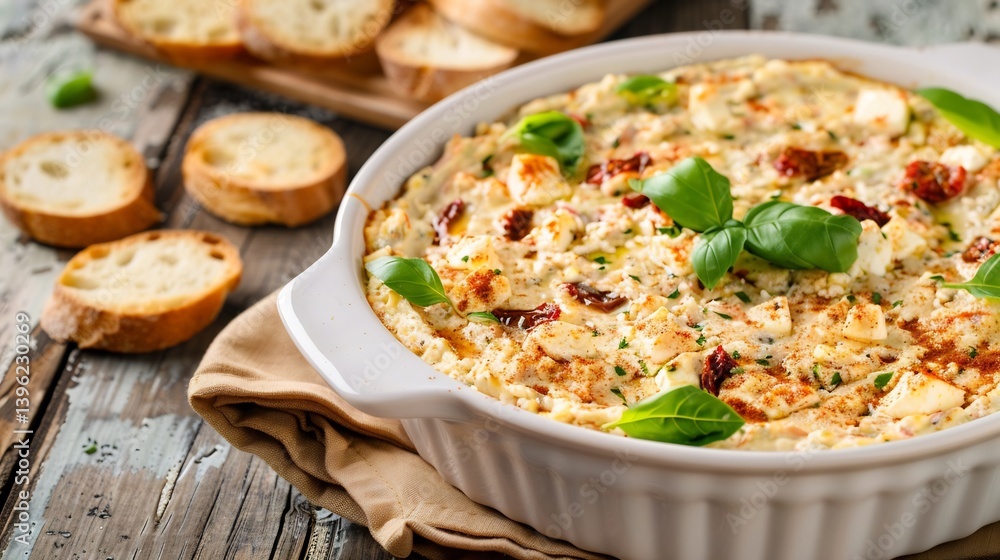 Sun dried tomato basil feta dip a white dish rich and Mediterranean served with toasted crostini Sun dried tomato basil feta dip a white dish rich and Mediterranean served with toasted crostini