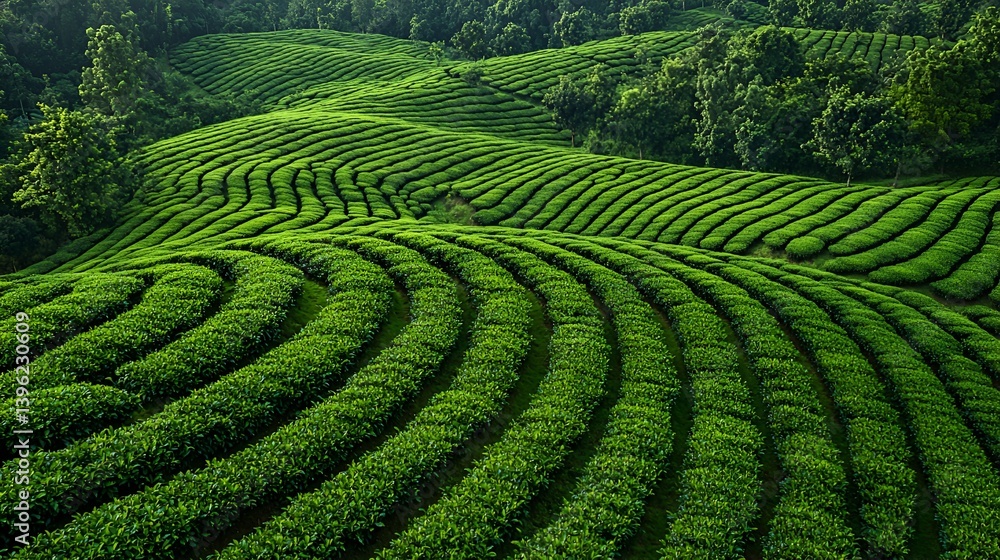Lush green tea plantation on rolling hills. Lush green tea plantation on rolling hills.