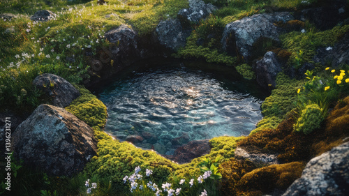 A natural spring bubbling up from mossy rocks, surrounded by untouched greenery and wildflowers under soft sunlight 