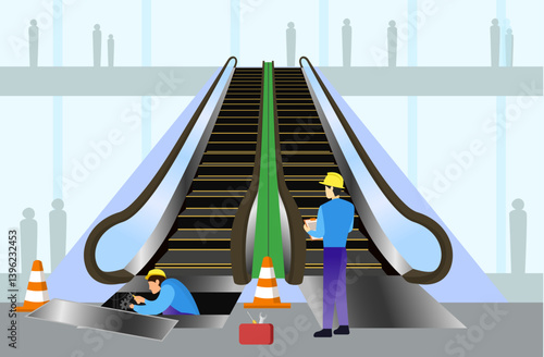 Technicians working on a broken-down moving staircase, Escalator maintenance in progress with workers and safety cones, 