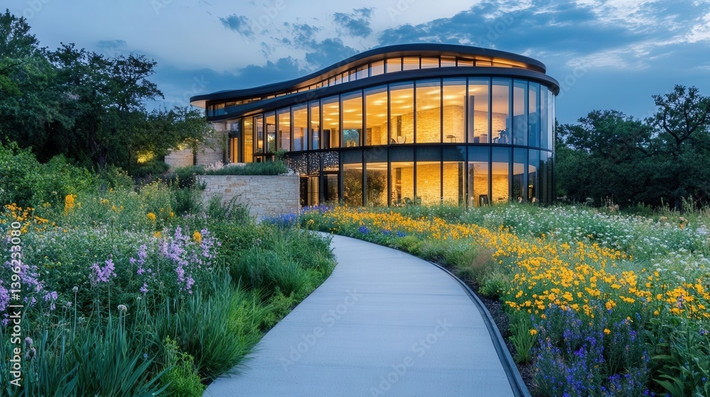 Modern curved glass building at dusk, surrounded by lush greenery and colorful wildflowers, with an elegant pathway leading to the entrance. Striking architecture contrasts with nature. Modern curved glass building at dusk, surrounded by lush greenery and colorful wildflowers, with an elegant pathway leading to the entrance. Striking architecture contrasts with nature.