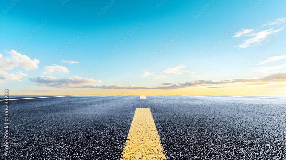 Naklejka premium Empty Asphalt Road With Yellow Line Under Pale Sky