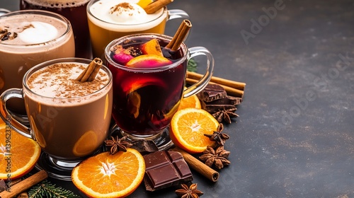 Festive hot drinks variety selection of winter beverages including hot chocolate mulled wine and spiced tea decorated with cinnamon sticks and orange slices