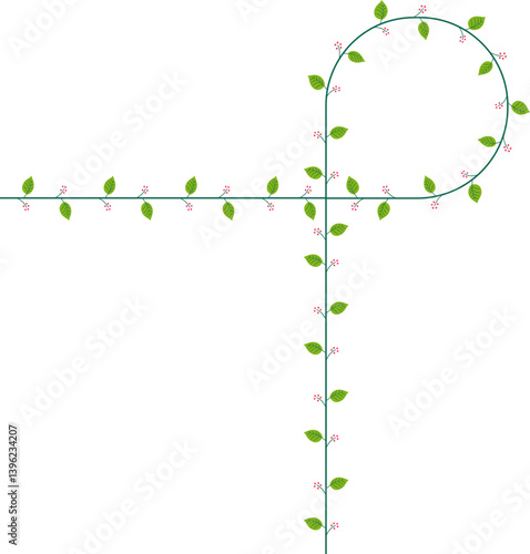 A line forming a loop that goes off at a 90-degree angle, decorated with a bunch of leaves and small fruits or flowers.