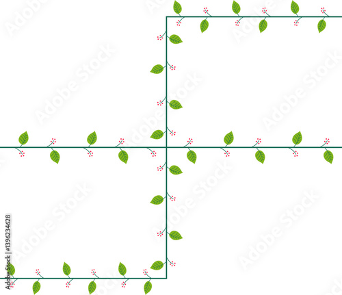 A design with one perpendicular line and another line with extensions on two opposite corners, decorated with a bunch of leaves and small fruits or flowers.
