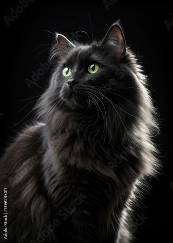 Black fluffy cat with green eyes on black background, close-up portrait.
