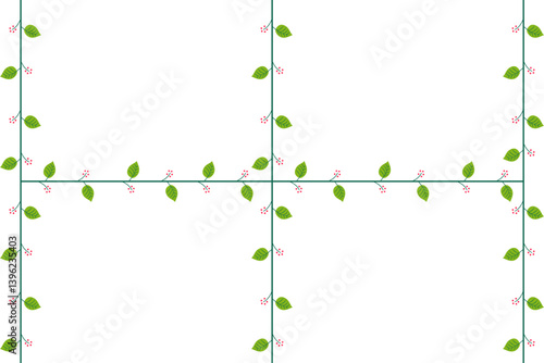 Three parallel lines with one perpendicular line, decorated with a bunch of leaves and small fruits or flowers.