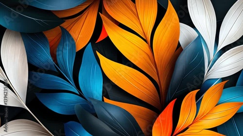Wallpaper Mural Vibrant foliage with orange, blue, and white leaves against a dark background, creating a lively atmosphere Torontodigital.ca