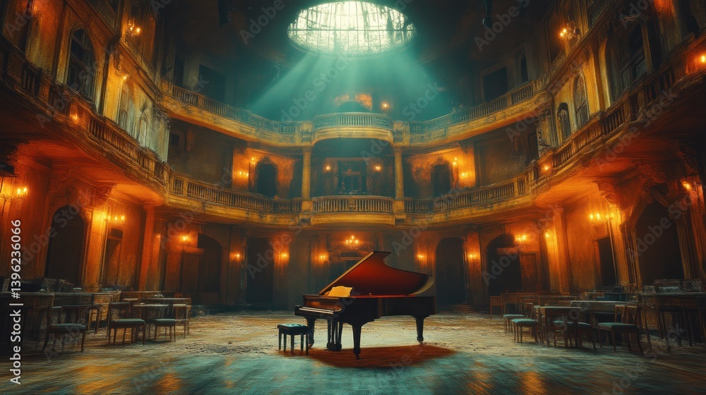 Obraz premium Grand Piano in an Elegant Hall with Warm Lighting and Sunlight Beams