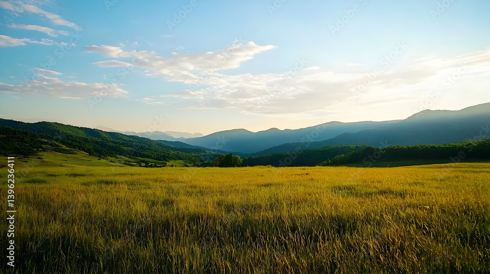 Fototapeta premium Golden Meadow With Mountains Under A Light Sky