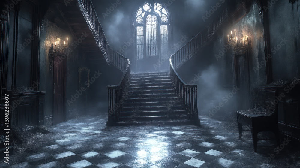 Fototapeta premium Gothic Mansion Interior with Dramatic Lighting and Staircase