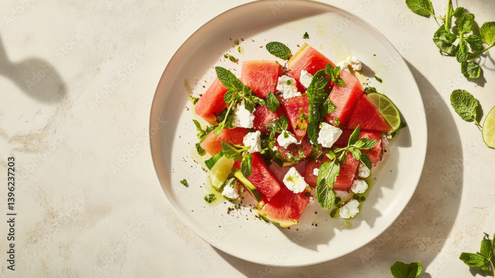 A refreshing summer salad made with fresh watermelon chunks, feta cheese, mint leaves, and lime juice, served on a white ceramic plate A refreshing summer salad made with fresh watermelon chunks, feta cheese, mint leaves, and lime juice, served on a white ceramic plate