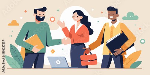 Three people shaking hands in a business setting with a laptop and foliage background in vector art