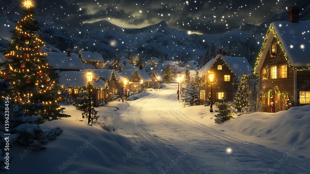 Fototapeta premium Festive Snowy Village charming winter town covered in fresh snow glowing streetlights decorated Christmas trees warm cottage lights and joyful holiday atmosphere