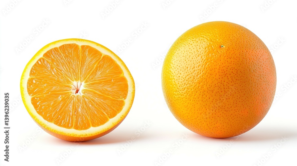 Freshly cut orange, half and whole, isolated on white background. Freshly cut orange, half and whole, isolated on white background.