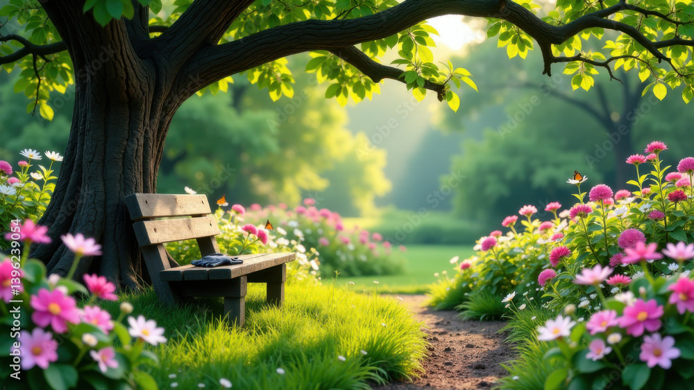 Naklejka premium A bench in a flower garden