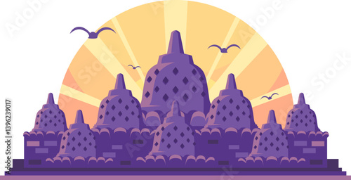 Stylized Illustration of Borobudur Temple at Sunrise, Design Inspiration, Vector, Illustration, Object, Template
