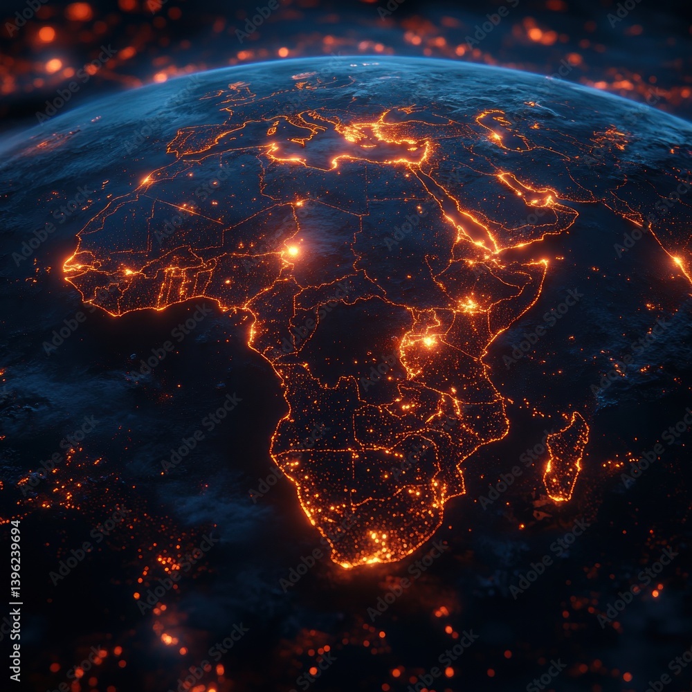 Futuristic Digital Illustration of Earth from Space Focused on Africa with Glowing Network Lines and Dramatic Sunrise Lighting Futuristic Digital Illustration of Earth from Space Focused on Africa with Glowing Network Lines and Dramatic Sunrise Lighting