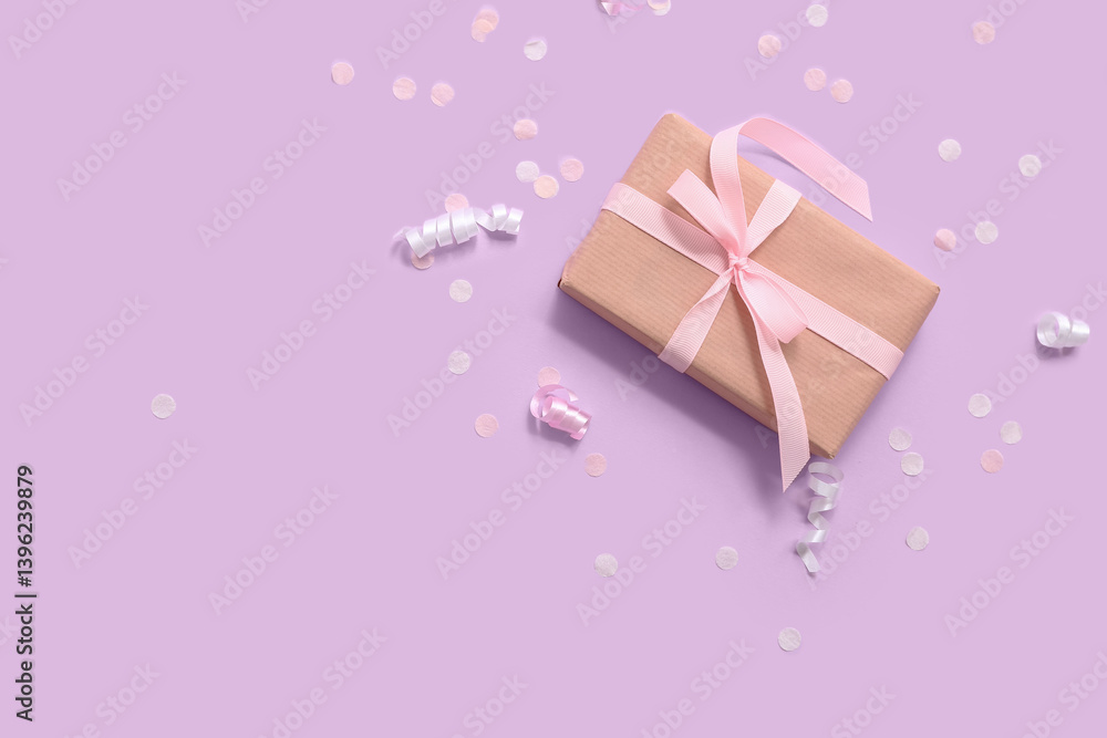 Gift box with serpentine and confetti on lilac background Gift box with serpentine and confetti on lilac background
